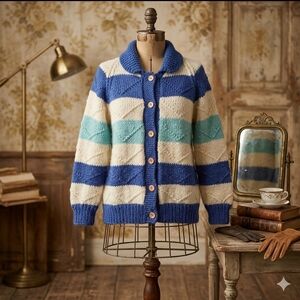 Vintage Handknit Striped Cardigan Sweater | Wood Buttons | Cozy Heritage Knit